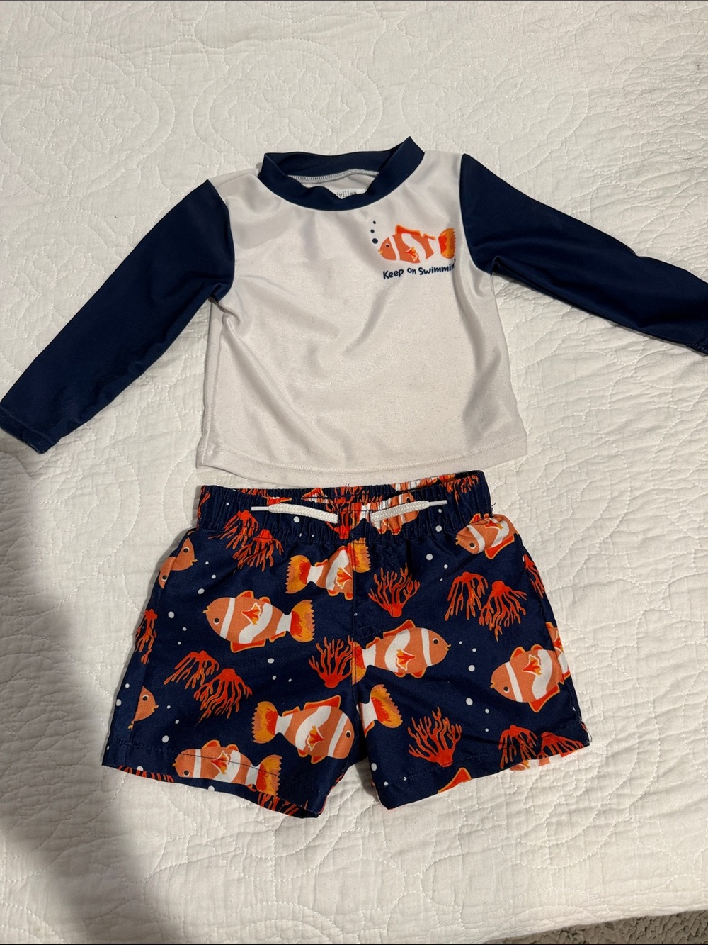 Long-Sleeve Navy & White Rashguard Set with Orange Fish Print